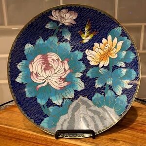 VTG Cloisonne Brass and Enamel Plate Featuring Bird and Flowers